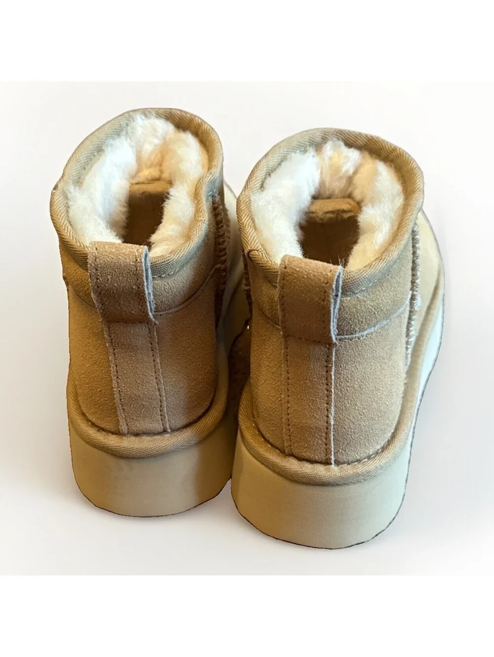 New Beige Chunky Platform Ankle Boots Booties Faux Fur Lined Ladies Size 5